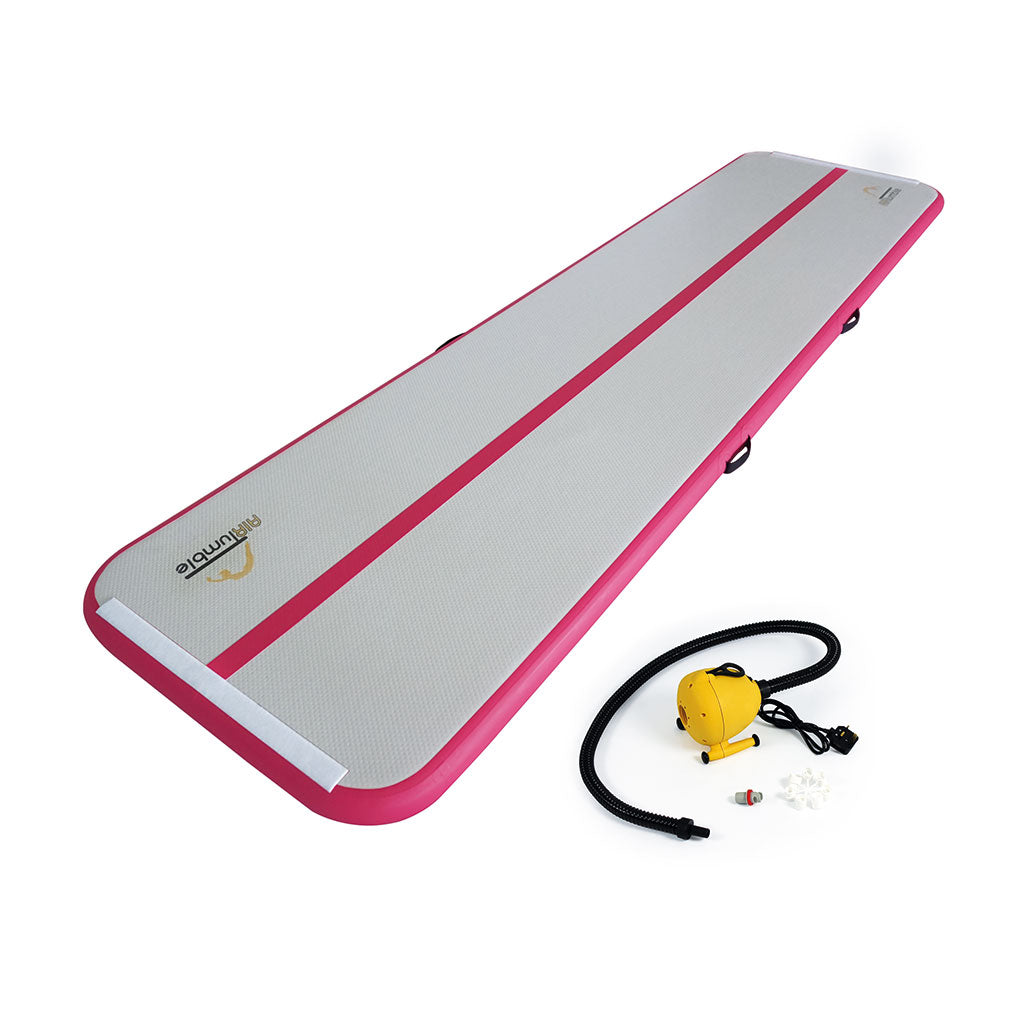 Pink Standard School AirTumble inflatable gymnastics track, 4m x 1m x 15cm, with Bravo OV6 electric pump