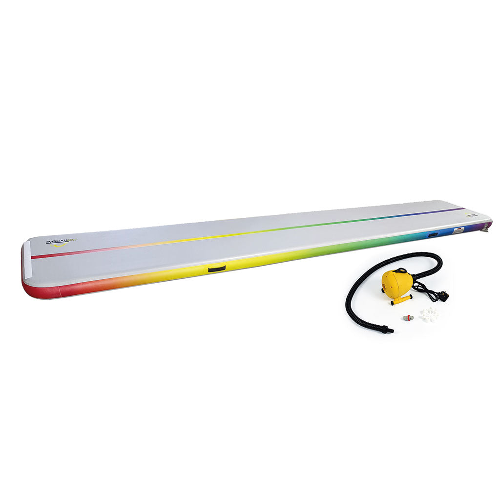 Rainbow Standard School AirTumble inflatable gymnastics track, 5m x 1m x 15cm, with Bravo OV6 electric pump