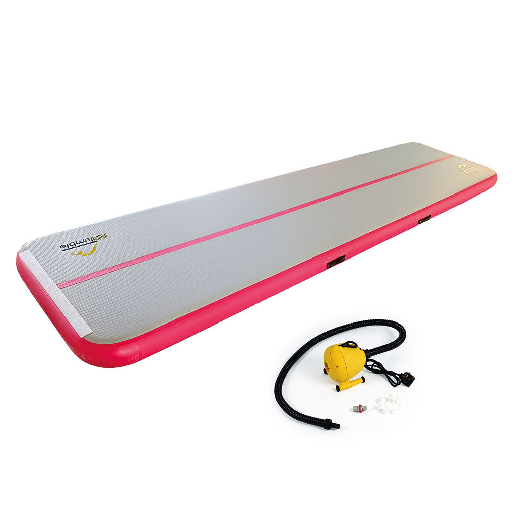 Pink Standard School AirTumble inflatable gymnastics track, 6m x 1m x 15cm, with Bravo OV6 electric pump