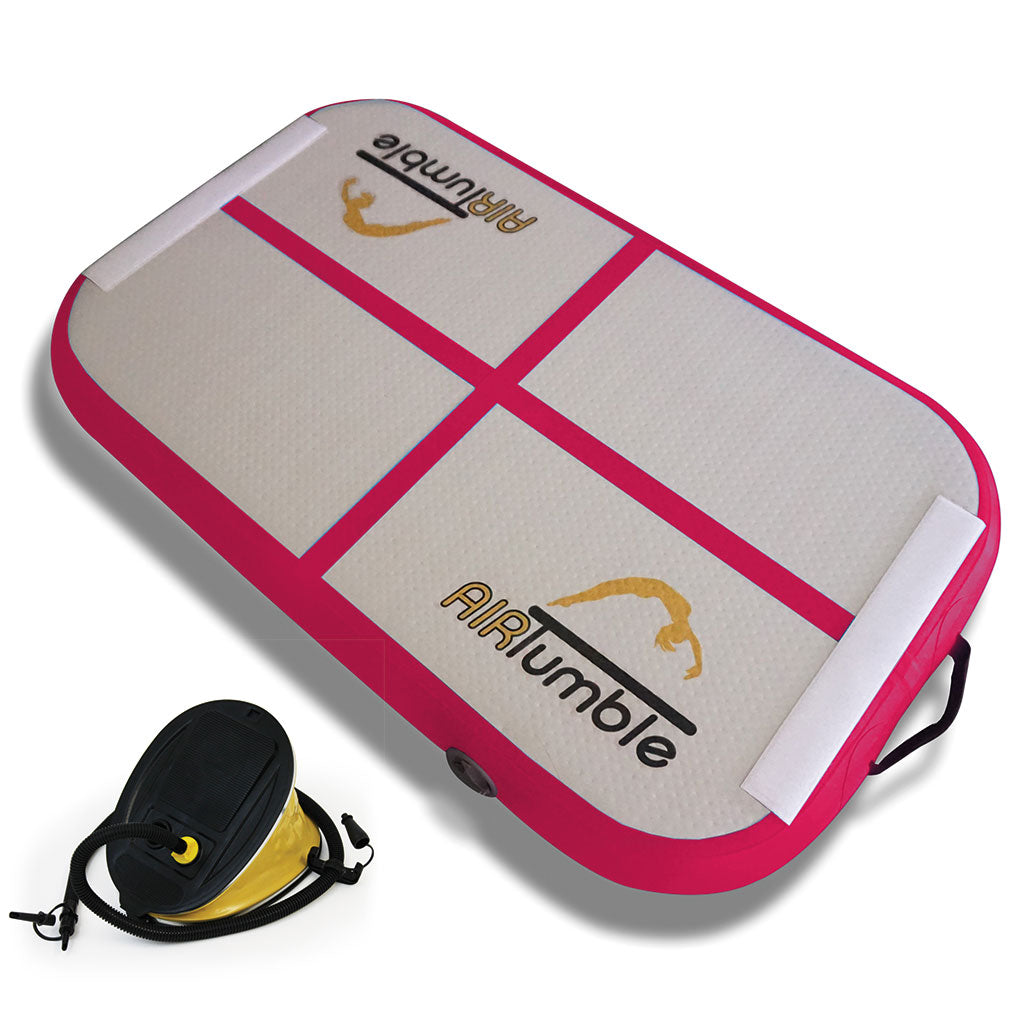 Pink AirTumble AirBoard inflatable gymnastics platform, 100cm x 60cm x 10cm, with foot pump
