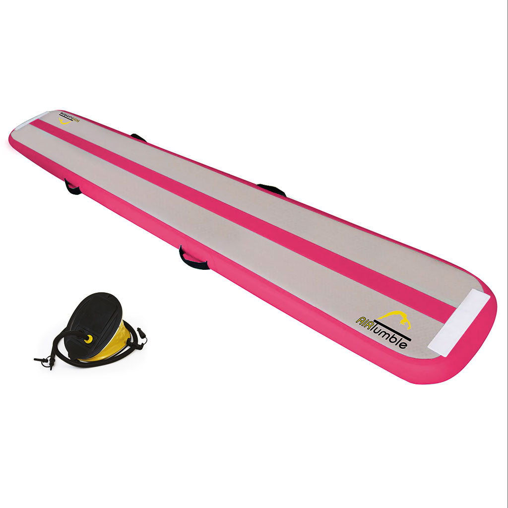 Pink AirTumble AirBeam inflatable gymnastics beam, 3m x 40cm x 10cm, with foot pump
