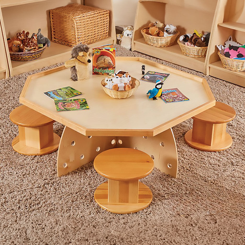 WOODEN HEX TABLE AND FOUR PERCH PODS